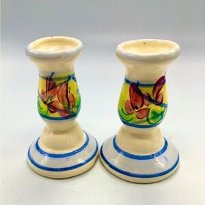 VTG Gail Pittman Signed Hand Painted Shabby Chic Floral Candle Holders 4” Tall